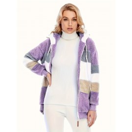 Plus Size Striped Fuzzy Hooded Coat - Soft, Warm, and Cozy Long Sleeve Zipper Coat for Fall and Winter - Women's Casual Outerwear for Cold Weather