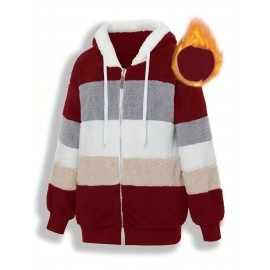 Plus Size Striped Fuzzy Hooded Coat - Soft, Warm, and Cozy Long Sleeve Zipper Coat for Fall and Winter - Women's Casual Outerwear for Cold Weather