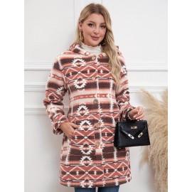 Plus Size Button Front Hooded Coat - Casual Lapel Neck, Flap Pockets, Long Sleeve, Warm and Cozy for Winter and Fall, Women's Clothing