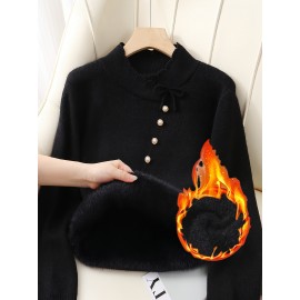 Women's Thick & Soft Sweater with Bow Buttons - Winter Warm Round Neck Long Sleeve Cozy Sweater, Beige & White Cable- Design, All-Season Casual Elegant Pullover for Fall and Winter Layering, Hand Wash or Dry Clean, Solid Color with Bow Detail, Medium Stretch, Relaxed Fit, Fleece Lining for Extra Warmth, Chic and Comfortable for Casual Attire, Cozy Sweaters For Women, Casual Long Sleeve Sweater, Oversized Knit Sweater, Colourfull Loose Sweater For Women,