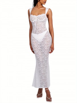 1pc Elegant Polyester Lace Sleeveless Maxi Dress for Women - Sexy Backless Bodycon Cami with Sweetheart Neckline, Solid Color, All-Season, Weave Knit Fabric