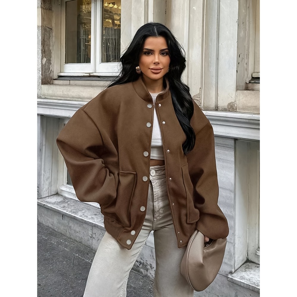 Plus Size, Women's Oversized Brown Jacket - Plus Size Casual Collar Coat with White Button Closure, Dropped Shoulder H-Line Silhouette & Chest Pocket - All-Season Outerwear for, Date, Everyday (Machine Washable) - Elegant Brown Blazer