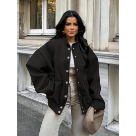 Plus Size, Women's Oversized Brown Jacket - Plus Size Casual Collar Coat with White Button Closure, Dropped Shoulder H-Line Silhouette & Chest Pocket - All-Season Outerwear for, Date, Everyday (Machine Washable) - Elegant Brown Blazer